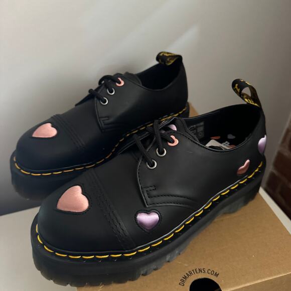 New Dr. Martens 1461 Leather Heart Platform Shoes Black Toecap Stitch Sz 8 - Picture 4 of 10
